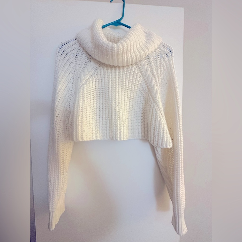 White turtle neck crop top sweater.